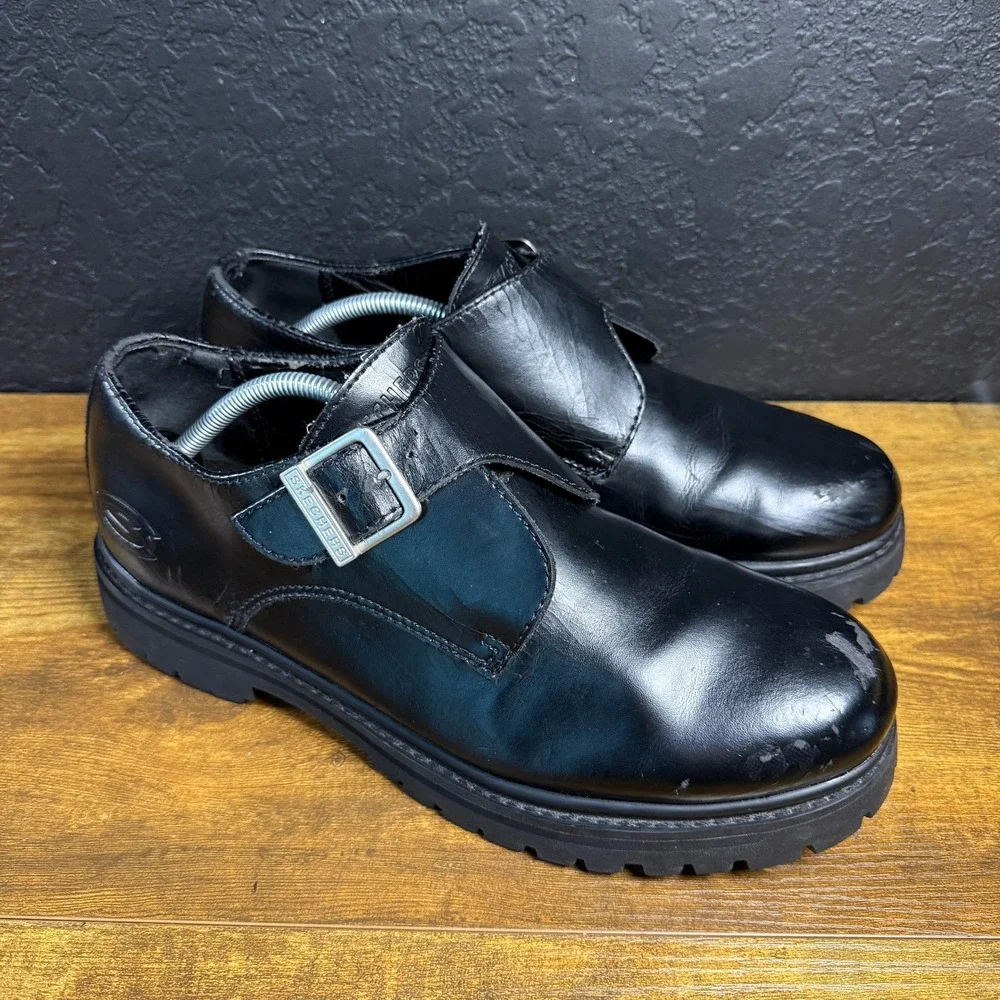 Skechers SN 6649 Black Leather Monk Strap Lug Sole Shoes Mens 12